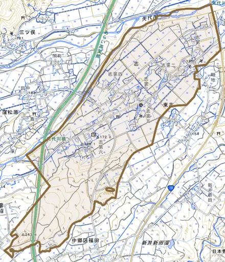 大字志とその周辺の地図。町の範囲を重ねている