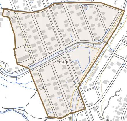渋江町とその周辺の地図。町の範囲を重ねている
