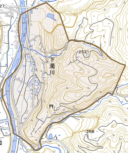 大字下濁川とその周辺の地図。町の範囲を重ねている
