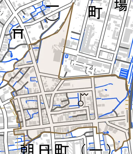 東雲町とその周辺の地図。町の範囲を重ねている