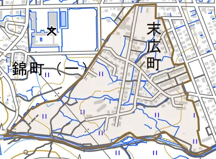 末広町とその周辺の地図。町の範囲を重ねている
