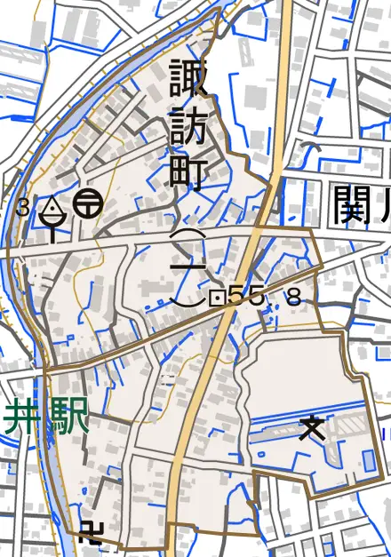 諏訪町とその周辺の地図。町の範囲を重ねている
