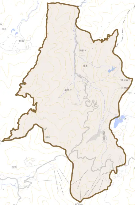 大字樽本とその周辺の地図。町の範囲を重ねている