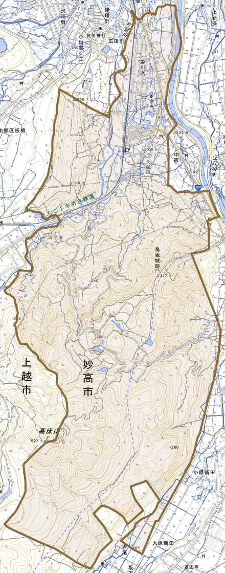 大字姫川原とその周辺の地図。町の範囲を重ねている