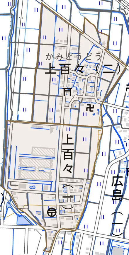 上百々とその周辺の地図。町の範囲を重ねている