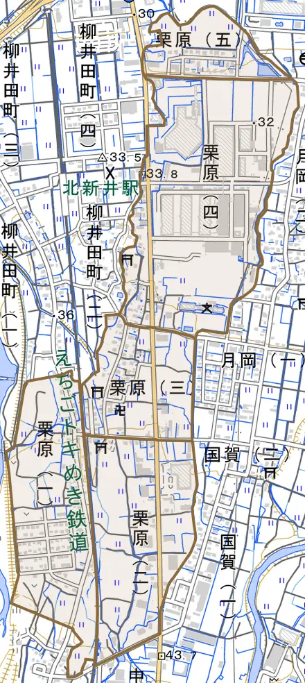 栗原とその周辺の地図。町の範囲を重ねている