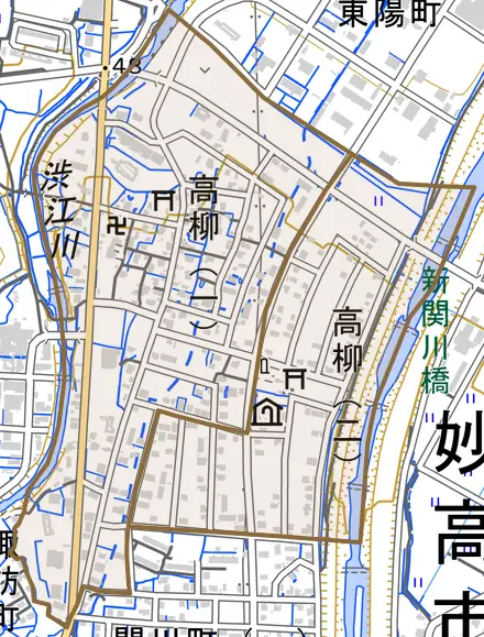 高柳とその周辺の地図。町の範囲を重ねている