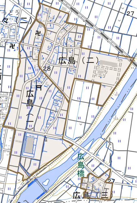 広島とその周辺の地図。町の範囲を重ねている