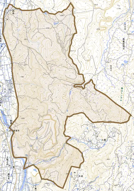 大字光明寺新田とその周辺の地図。町の範囲を重ねている