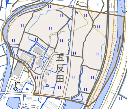 大字高柳とその周辺の地図。町の範囲を重ねている