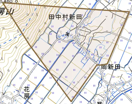 大字田中村新田とその周辺の地図。町の範囲を重ねている