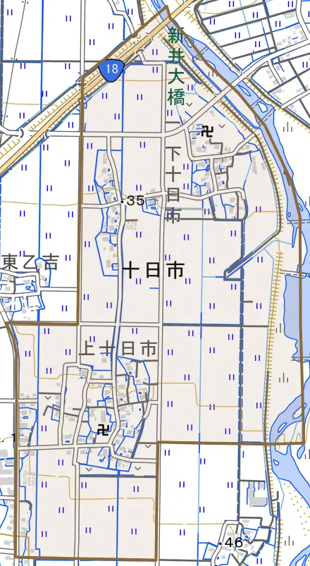 大字十日市とその周辺の地図。町の範囲を重ねている