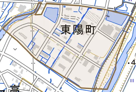 東陽町とその周辺の地図。町の範囲を重ねている