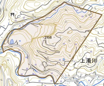 大字和屋とその周辺の地図。町の範囲を重ねている