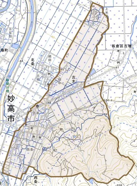 大字吉木とその周辺の地図。町の範囲を重ねている
