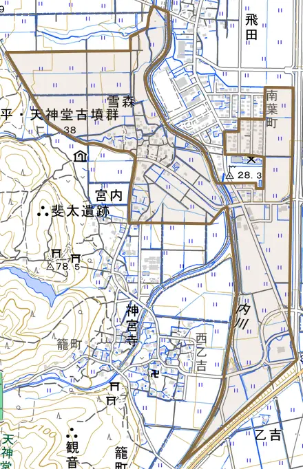 大字雪森とその周辺の地図。町の範囲を重ねている