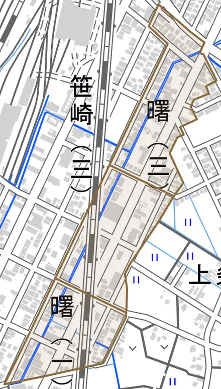 曙とその周辺の地図。町の範囲を重ねている
