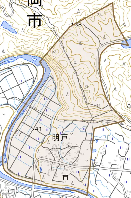 明戸とその周辺の地図。町の範囲を重ねている