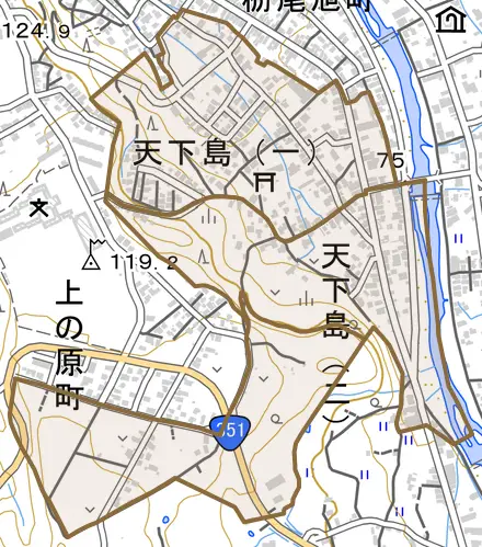 天下島とその周辺の地図。町の範囲を重ねている