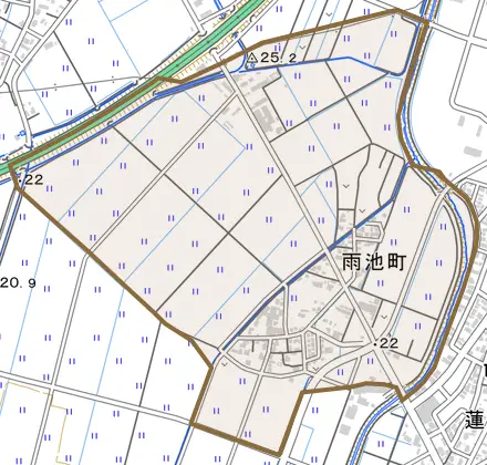 雨池町とその周辺の地図。町の範囲を重ねている