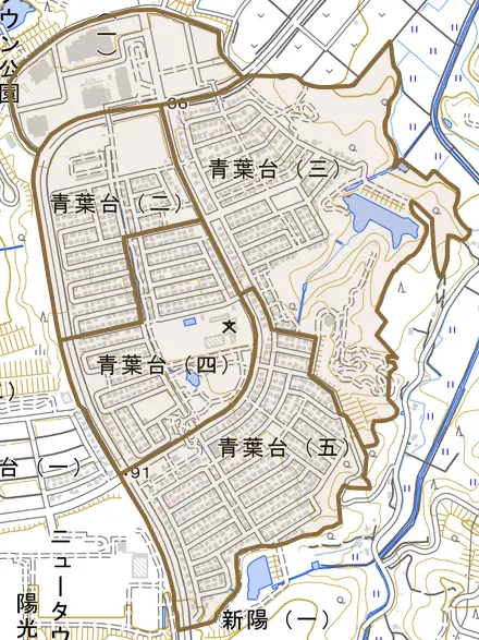 青葉台とその周辺の地図。町の範囲を重ねている