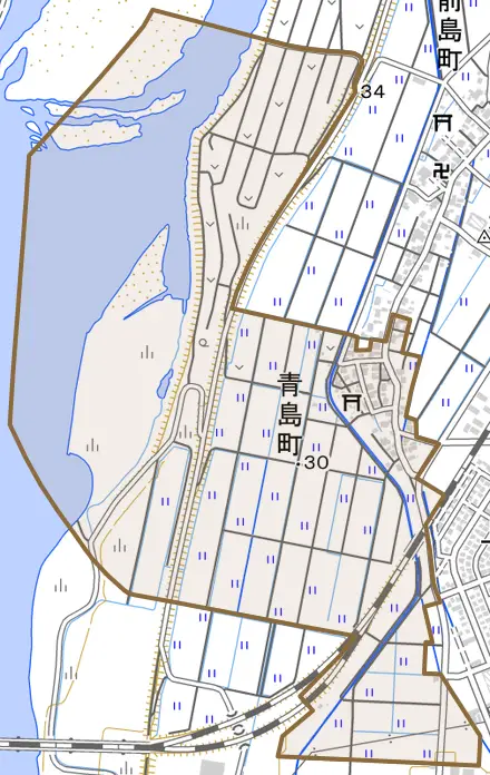 青島町とその周辺の地図。町の範囲を重ねている