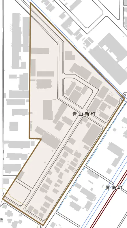 青山新町とその周辺の地図。町の範囲を重ねている