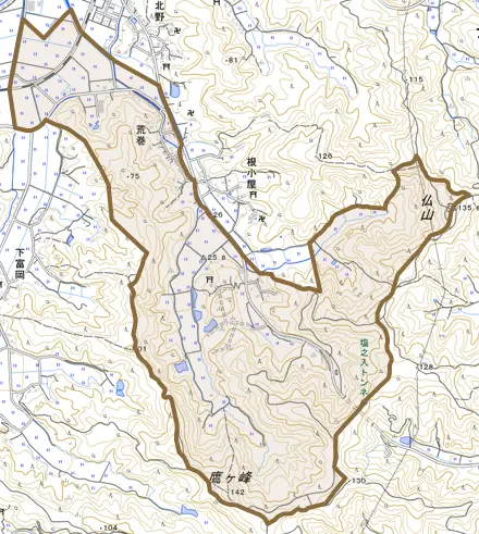 荒巻とその周辺の地図。町の範囲を重ねている