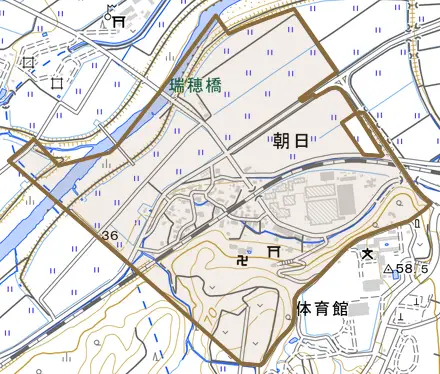 朝日とその周辺の地図。町の範囲を重ねている