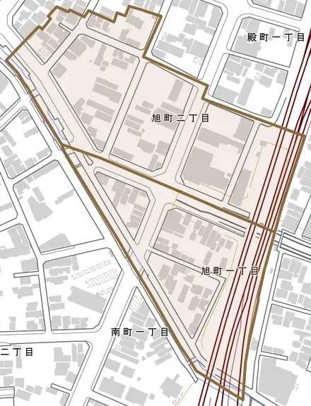 旭町とその周辺の地図。町の範囲を重ねている