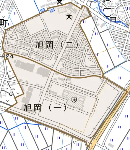 旭岡とその周辺の地図。町の範囲を重ねている