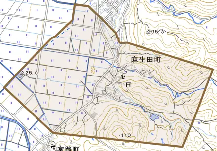 麻生田町とその周辺の地図。町の範囲を重ねている