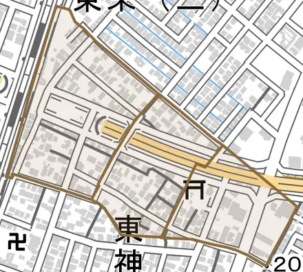 愛宕とその周辺の地図。町の範囲を重ねている