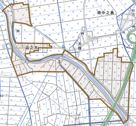 品之木とその周辺の地図。町の範囲を重ねている