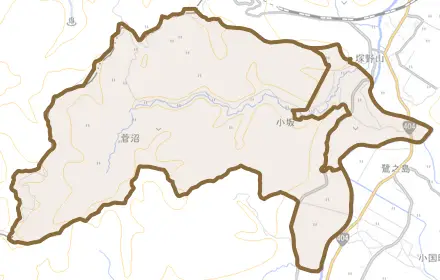 千谷沢とその周辺の地図。町の範囲を重ねている