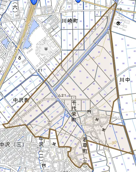 千代栄町とその周辺の地図。町の範囲を重ねている