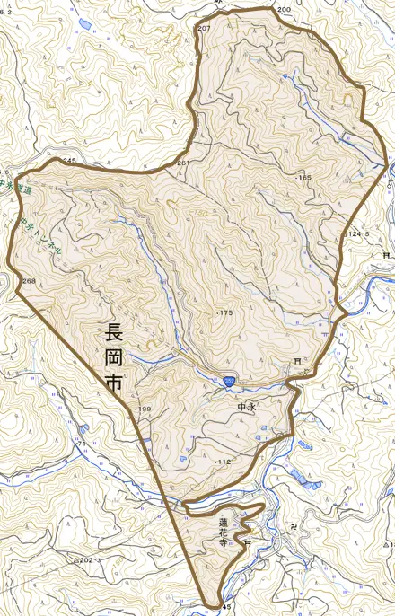 中永とその周辺の地図。町の範囲を重ねている