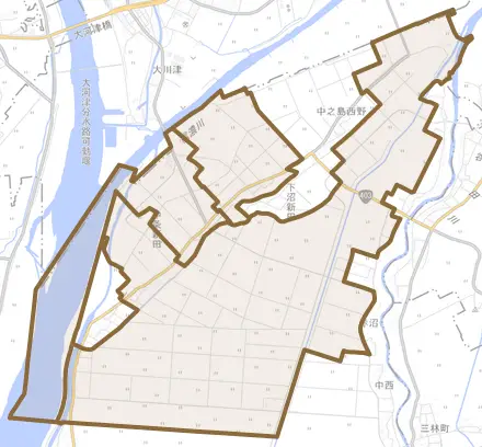 中条新田とその周辺の地図。町の範囲を重ねている