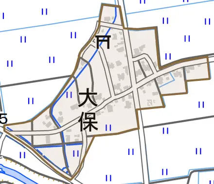 大保とその周辺の地図。町の範囲を重ねている