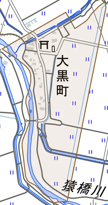 大黒町とその周辺の地図。町の範囲を重ねている