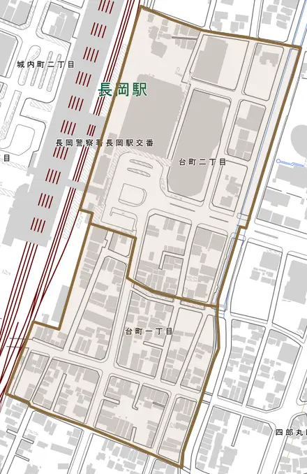 台町とその周辺の地図。町の範囲を重ねている