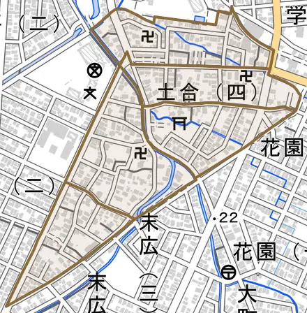 土合とその周辺の地図。町の範囲を重ねている