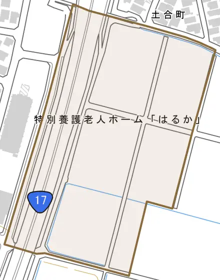 土合町とその周辺の地図。町の範囲を重ねている