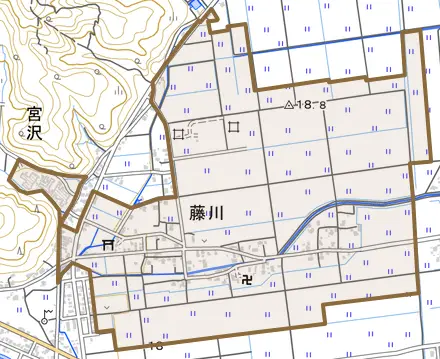 藤川とその周辺の地図。町の範囲を重ねている