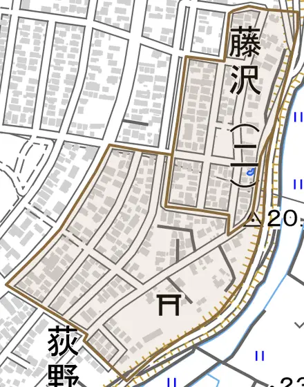 藤沢とその周辺の地図。町の範囲を重ねている