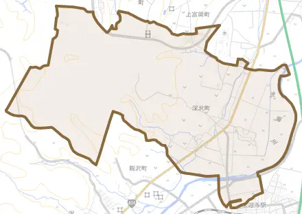 深沢町とその周辺の地図。町の範囲を重ねている
