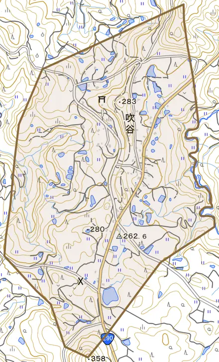 吹谷とその周辺の地図。町の範囲を重ねている
