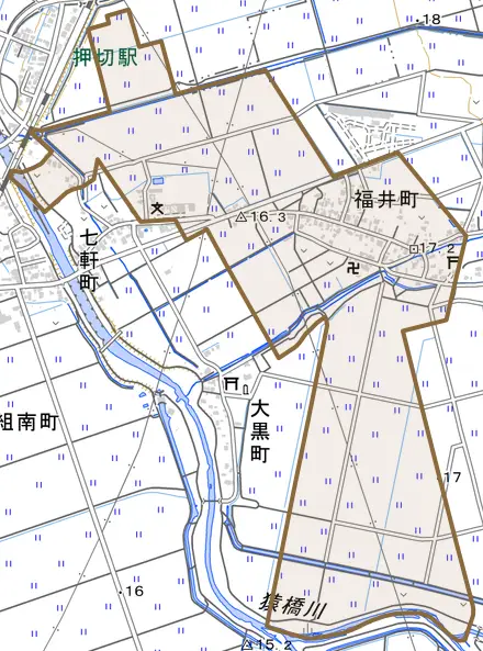 福井町とその周辺の地図。町の範囲を重ねている