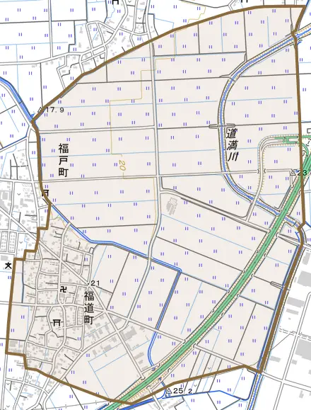 福道町とその周辺の地図。町の範囲を重ねている
