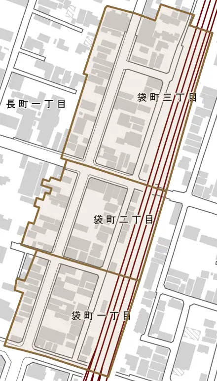 袋町とその周辺の地図。町の範囲を重ねている